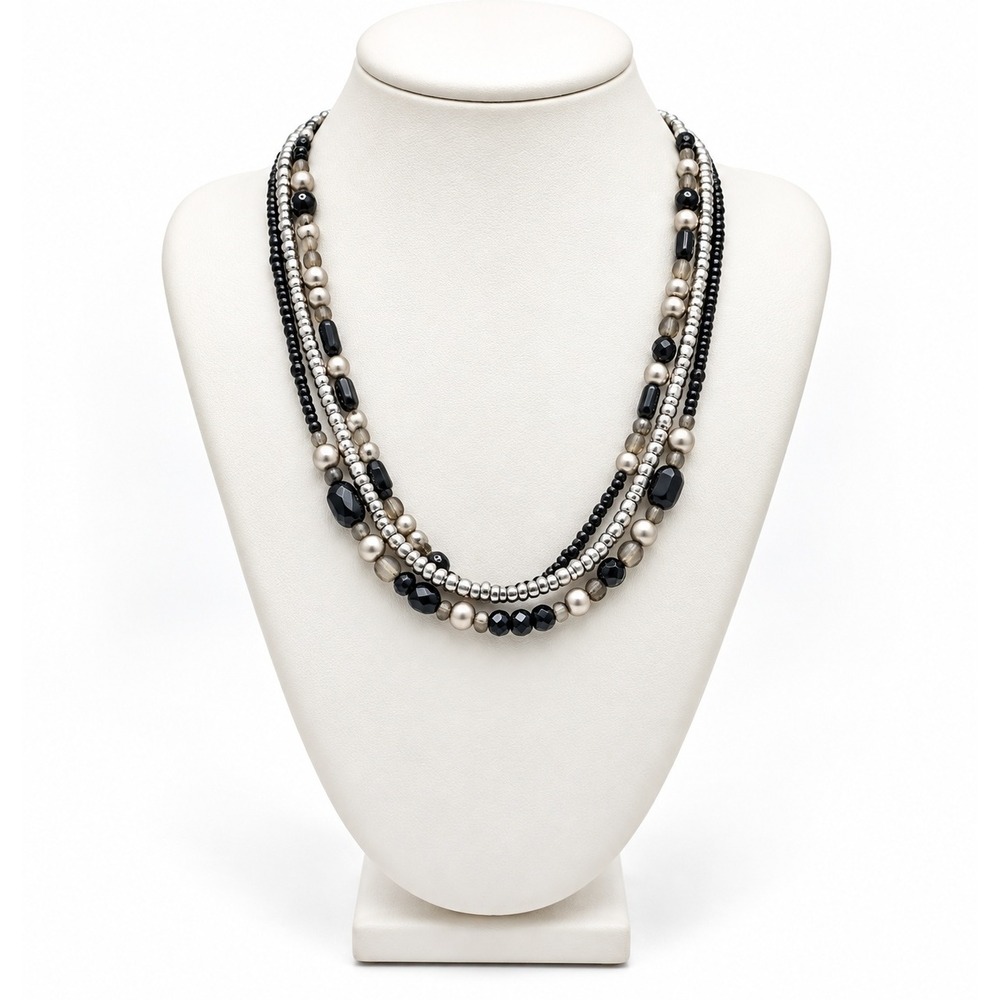 Premier Designs Vintage Multi Strand Beaded Necklace Silver Black 17-20"